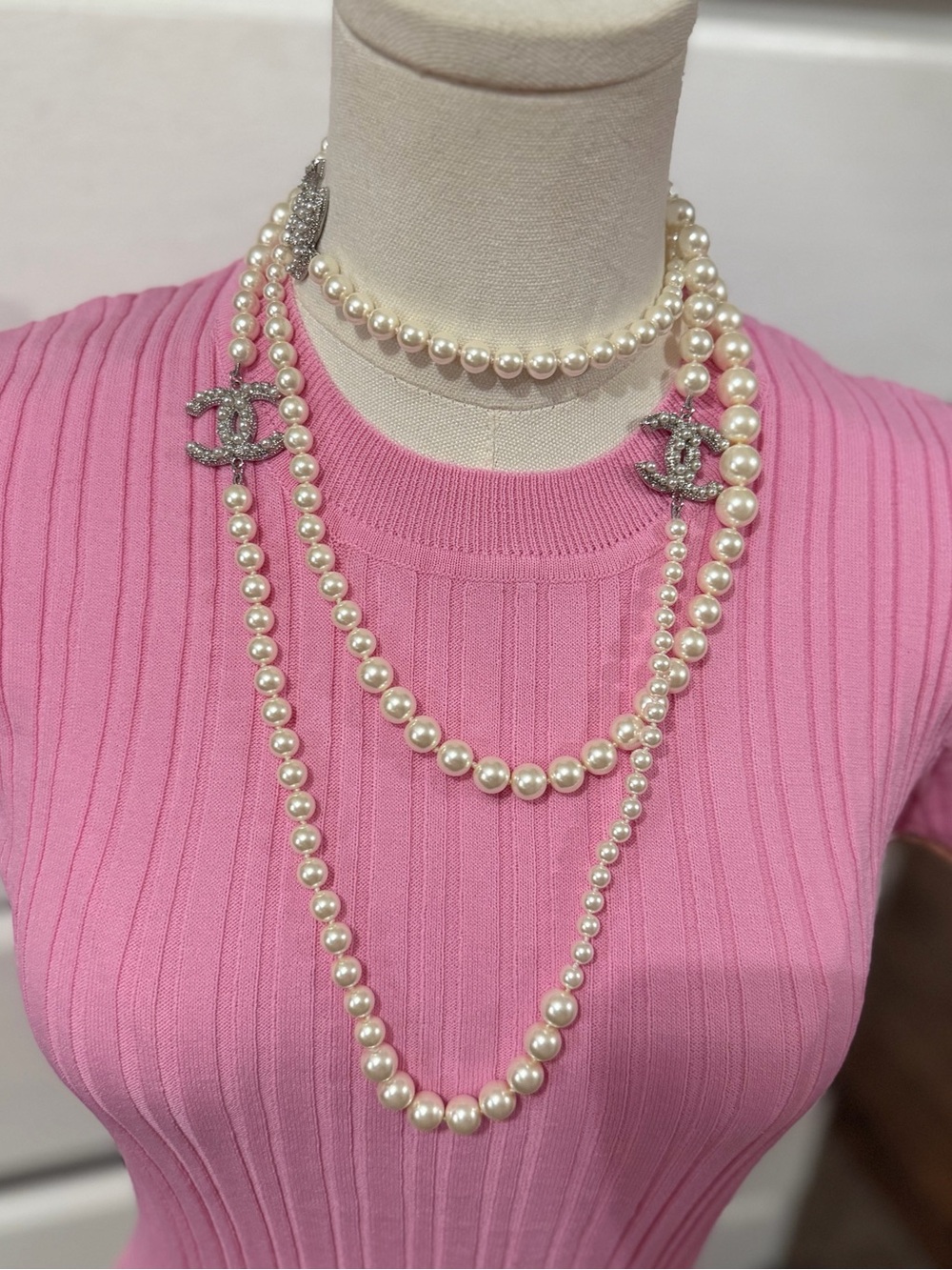 Pearl Multi-Strand Necklace with Crystal Logo Accents - White Pearl